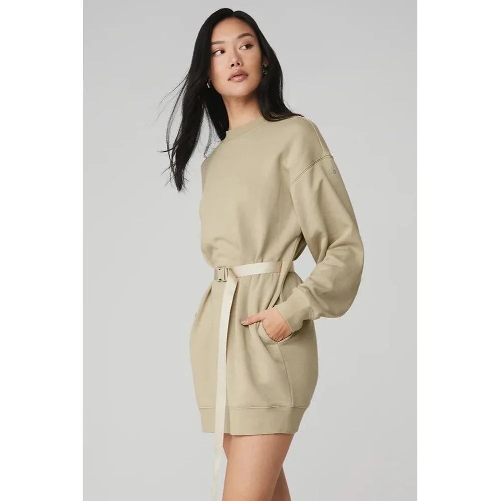 NWT Alo Yoga Cityscape Sweatshirt Mini in California Sand Fleece Dress S